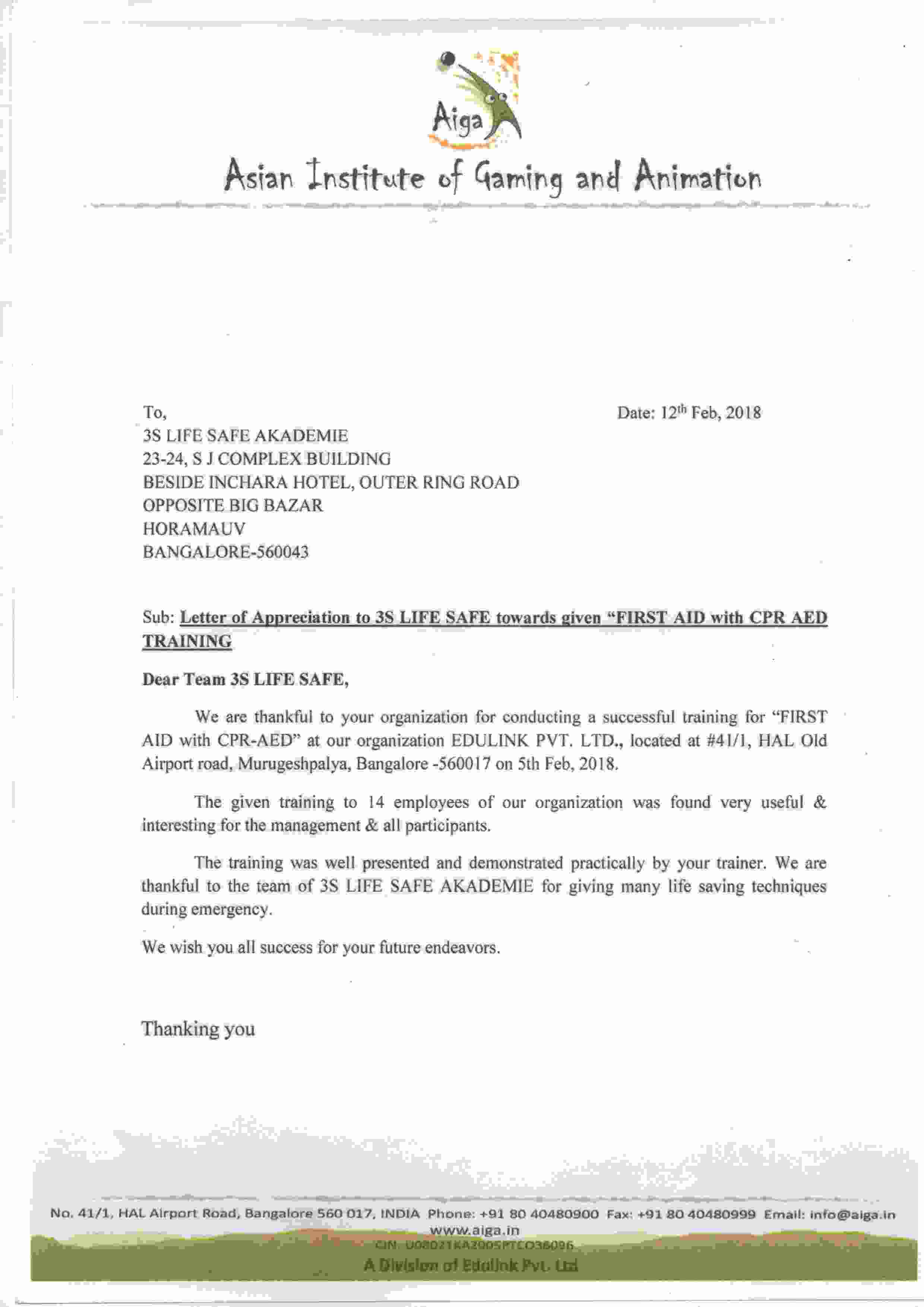 Asian Institute of Gaming and Animation Appreciation Letter